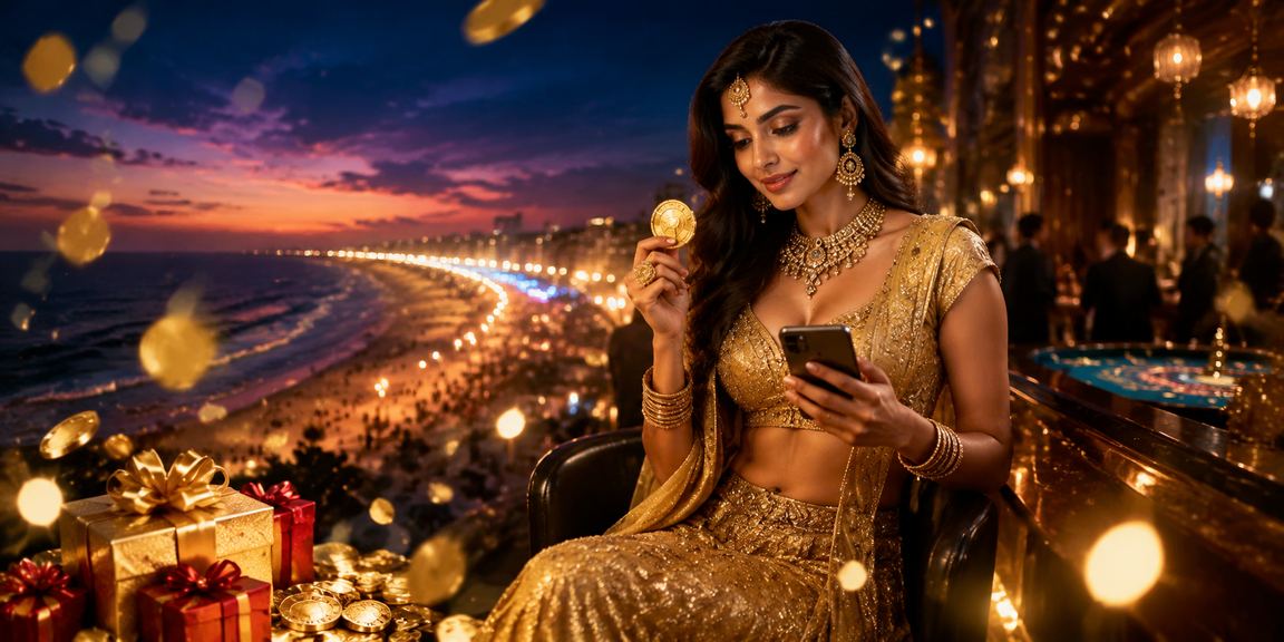 Chennai Marina Beach vibrant night scene with casino and app usage